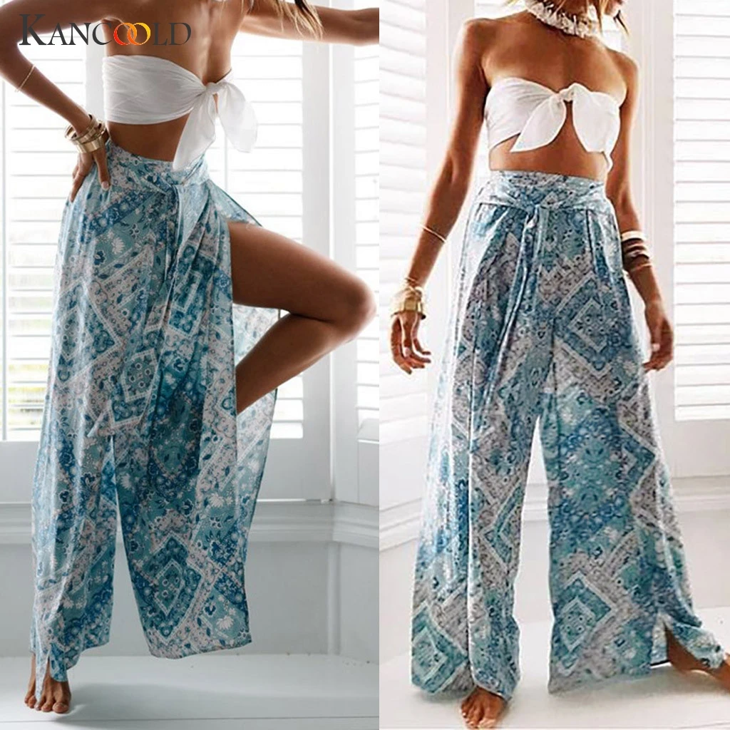 

KANCOOLD Pants Women Summer Casual Bow Tie Split Retro Print Loose Beach Long Pants Trousers fashion new Pants woman 2019Mar8