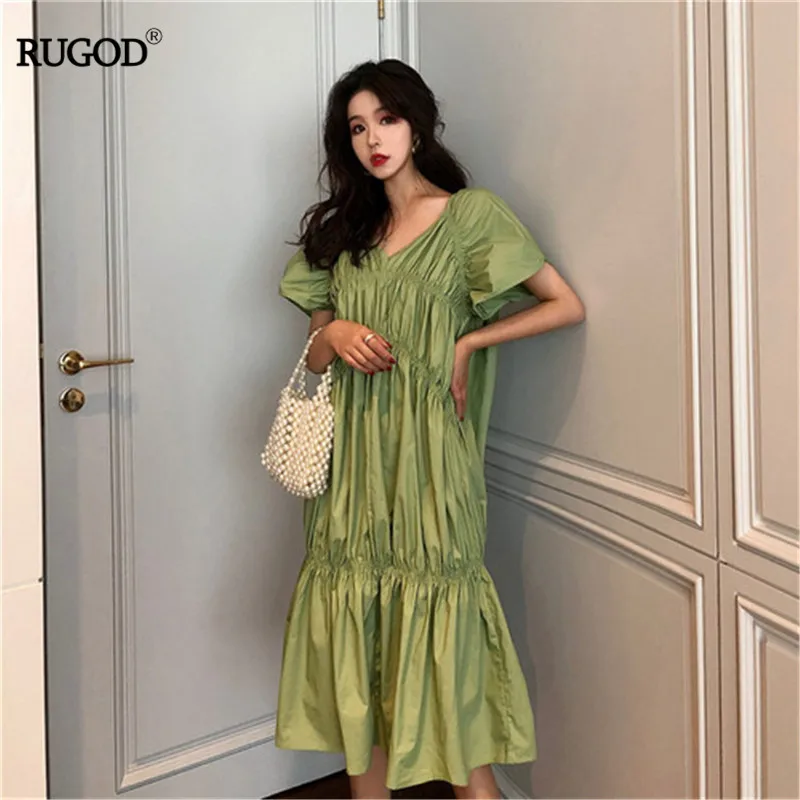 RUGOD/2019 корейские летние женские платья с v-образным вырезом и открытой спиной, плиссированные однотонные платья на шнурке, повседневные