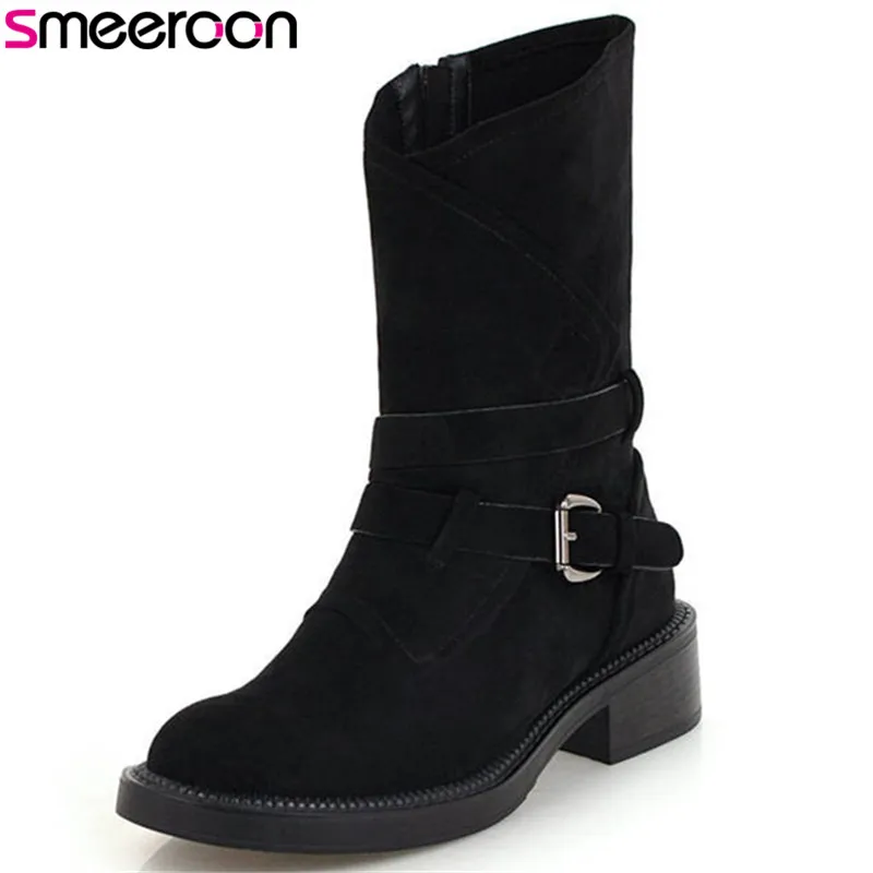 

Smeeroon 2018 large size 34-43 suede leather boots women round toe autumn winter shoes zipper buckle square heels ankle boots