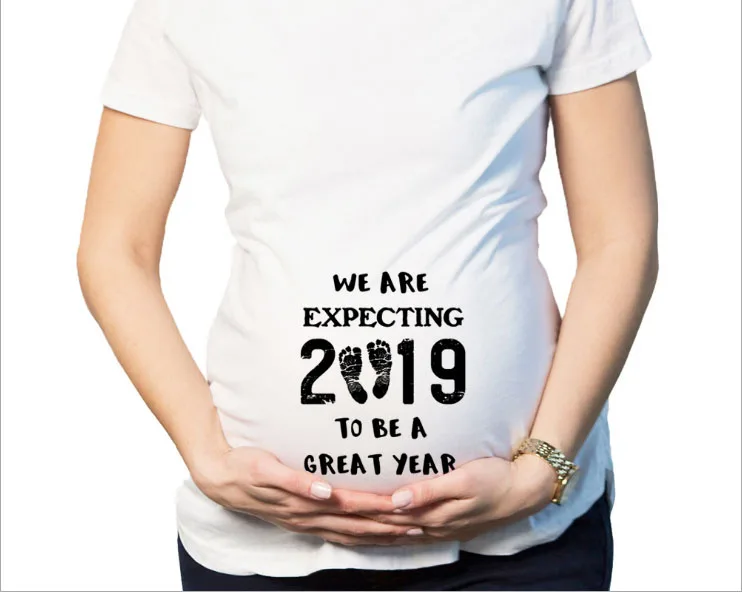 

"Expecting New Baby"Printed Loose Mom Baby Tops Shirt O-Neck Print Knitted Short Natural Color Maternity