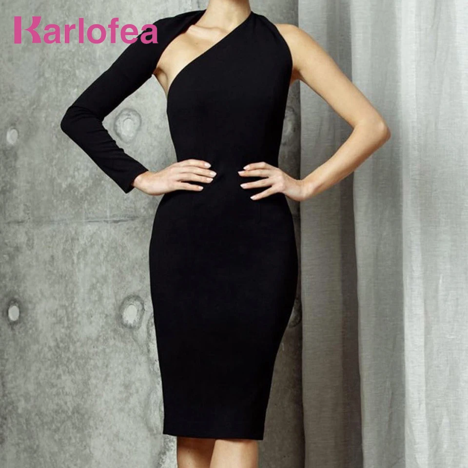 

Karlofea Fashion One Sleeve New 2018 Black Dress Elegant Everyday Outwear Sexy Evening Party Dress Runway Club Slim Midi Dresses