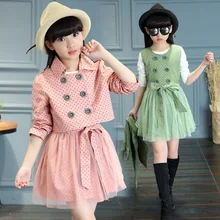 Bébé filles robe 2 pcs élégant robe dot impression survêtement veste avec fil gilet robe pour 4-12 ans enfants fille de l’école