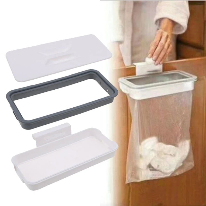 

Cupboard Door Storage Racks Plastic White Square Garbage Bag Holder Hanging Home Kitchen Trash Rack Drawer