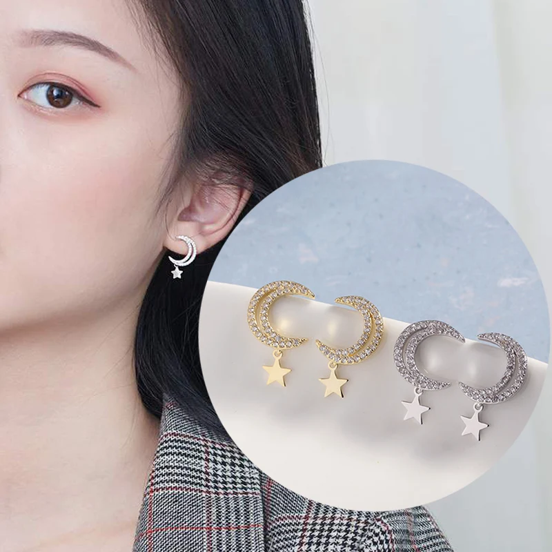 

New Arrival Korean Gold Silver Color Moon Star Earrings Women Classic Cubic Zirconia Star Stud Earrings Fashion Jewelry