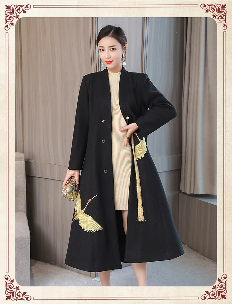 Г. Осенне-зимнее новое шерстяное длинное шерстяное пальто выше колена в китайском стиле с вышивкой в национальном стиле шерстяное пальто
