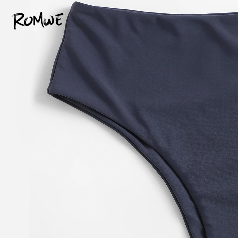 Romwe, спортивный, темно-синий, Одноцветный, бандо, с высокой талией, низ, бикини, набор, для женщин, летний, сексуальный, без косточек, пляжный купальник для отдыха