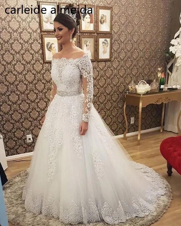 

Vestido de noiva Boat Neck Long Sleeves 2 in 1 Wedding Dress Heavy Pearls Luxury Bride Dress Robe de mariee 2018 Abiti da sposa