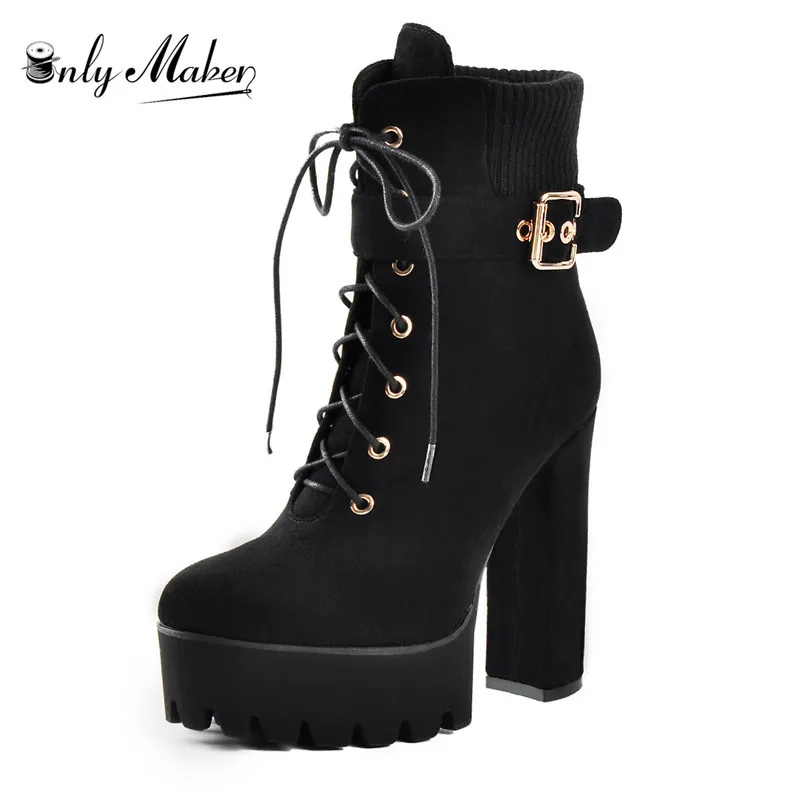 

Onlymaker Winter Platform Flock ankle boots thick high heel Buckle Strap for women plus size us5~us15 for ladies booties