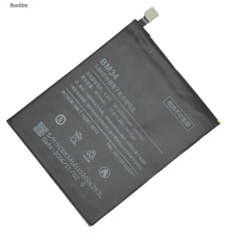Ronlibw Высококачественная батарея для Xiaomi Phone BM34 BM 343010mAh 3 84 V запасная Mi Note Pro