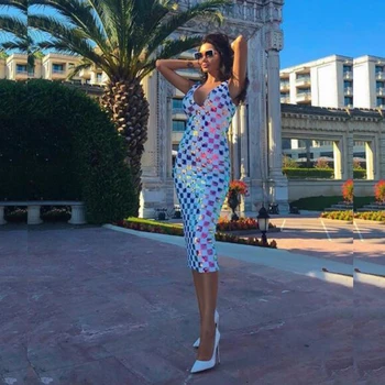 

Newest Chic Summer Fashion Celebrity Multicolor Mesh Dress 2019 Sexy Sleeveless Sequin Patchwork Bodycon Evening Party Vestidos