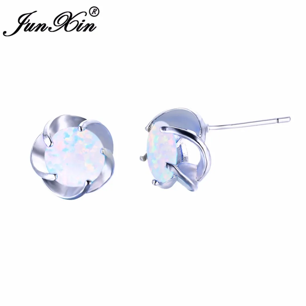 JUNXIN милые маленькие круглый Опал серьги-клипсы цветок Дизайн Двухсторонние серьги для женщин 925 серебро ювелирные изделия