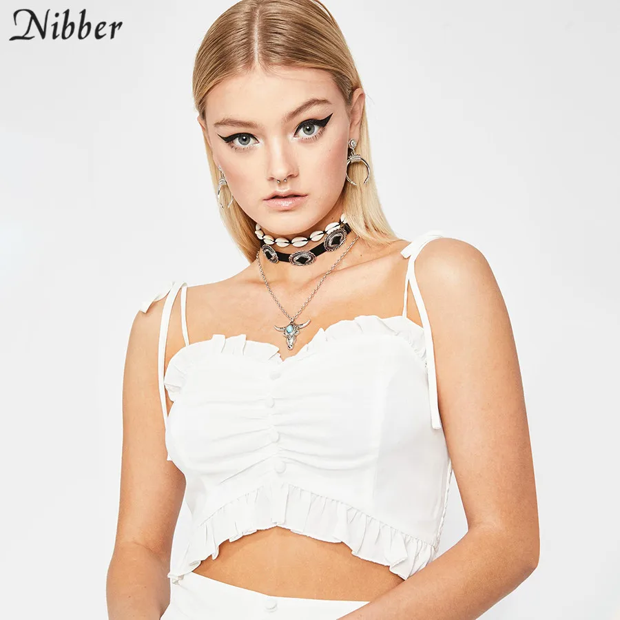 

Nibber elegant white Ruffle crop tops womens camisole summer fashion wild high street casual wear ladies stretch Slim tank tops