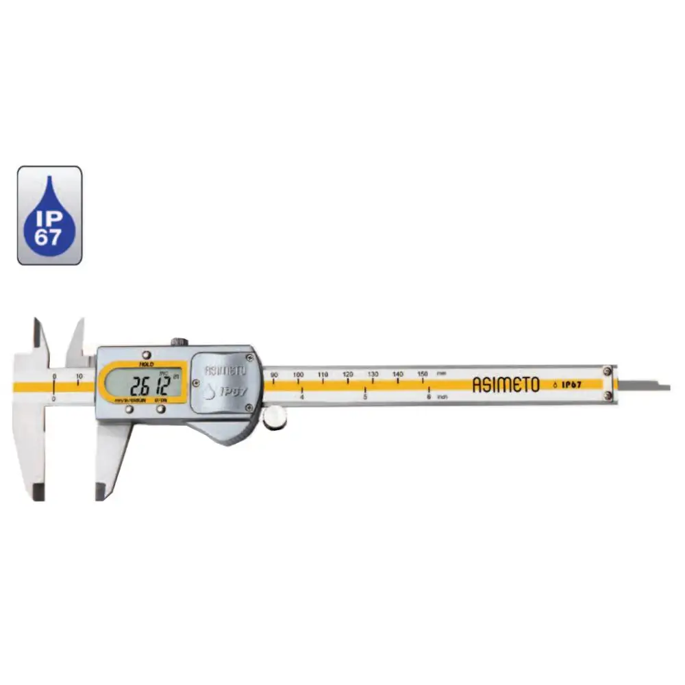 

ASIMETO Measuring Range 0-8" 0-200mm Inch/Metric Resolution: .0005" / 0.01mm IP67 Metal Housing Digital Calipers 305-08-2