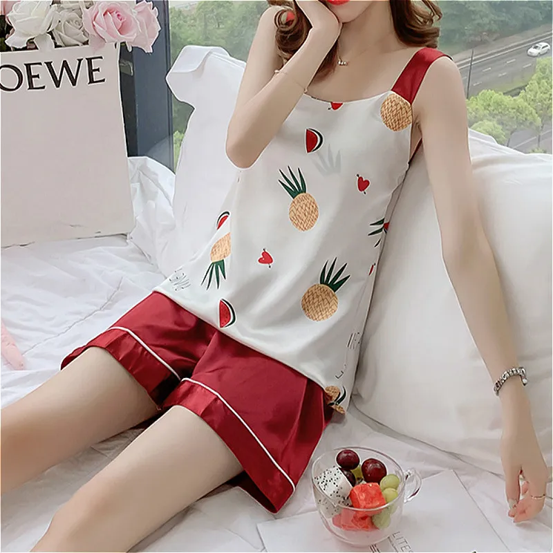 

Deep V summer sexy lace silk pajamas for women spaghetti strap+shorts home clothes for women High grade lace womens pijama mujer