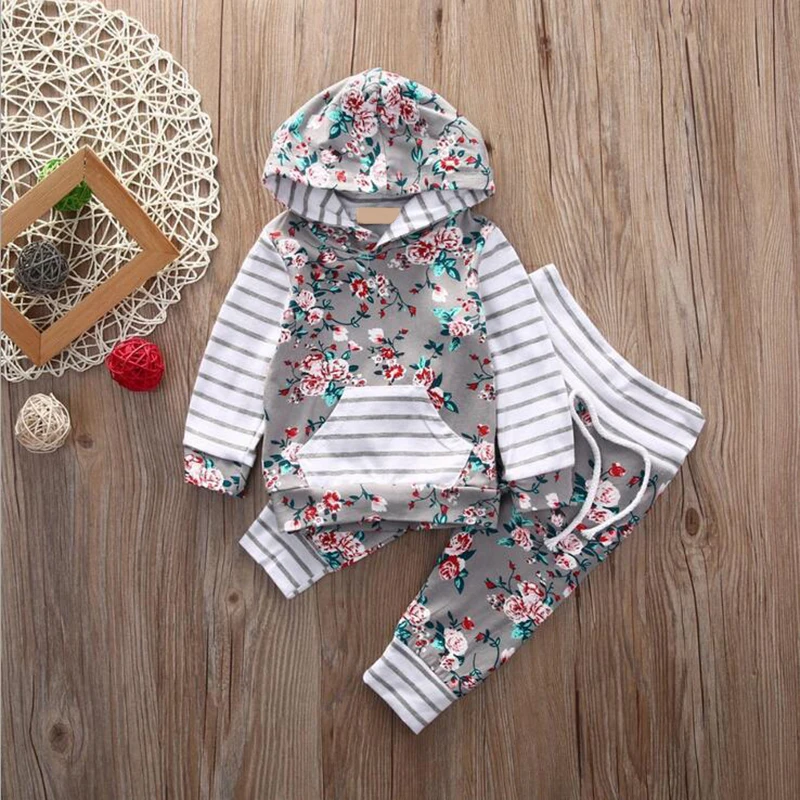 Новорожденных для маленьких девочек Малыш цветочный пуловер с длинными рукавами с капюшоном топы + брюки 2 шт