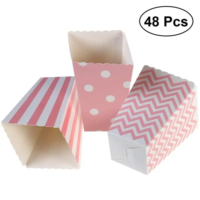 

48pcs Popcorn Carton Rugby Stripe Wave Dot Pattern Decorative Dinnerware for Birthday Parties Graduations (Light Pink)