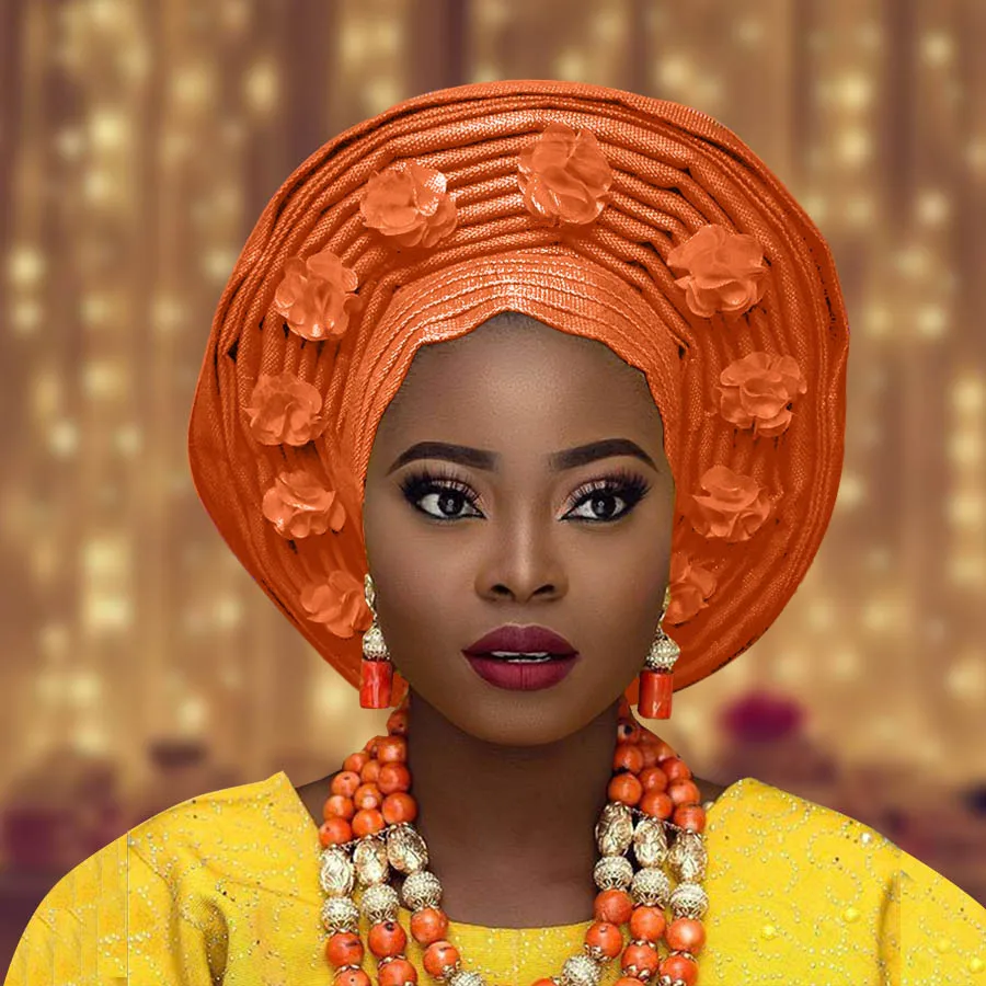 Африканский aso oke Авто геле для женщин с цветком нигерийский aso ebi головной убор для свадьбы - Цвет: orange