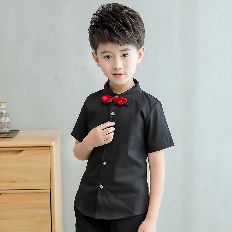 Teenage Boys White Shirt Summer 2019 Cotton Bow Design Short Sleeve Big Boy Button Down Shirts Children Tie Blouse|Рубашки| |