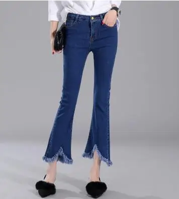 Женские модные брюки длиной до щиколотки эластичные джинсы женские синие Асимметричные с кисточками высокая талия тонкие расклешенные брюки для женщин - Цвет: blue