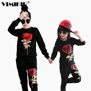 

New Winter Style Family Matching Outfits Mother And Daughter Long Sleeve Rose Floral Sweatshirt+Pants 2Pcs Suit k1