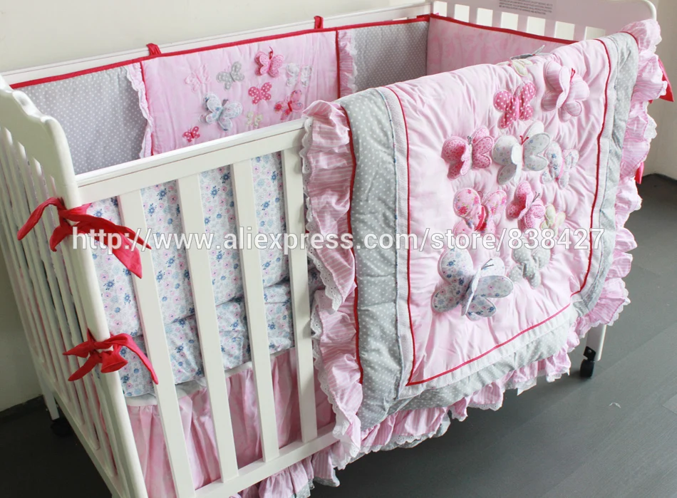Embroidered 3d Pink Butterfly Lace Ups Free 7 Pieces Baby Crib Cot