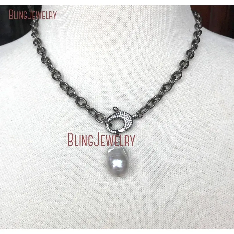 20181010-NM18362-pave crystal clasp choker with gray freshwater baroque pearl pendant on gunmetal texturized chain_1