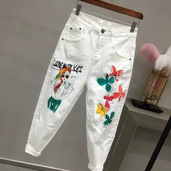 

plus size 26-32! summer new fashion white printing jeans women high waist ankle length harem pants