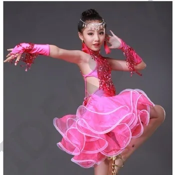 Lace Sequin Girls Kids Ballroom Dresses Tango salsa fringe sequin dress Newest Sexy Latin Dance Children fringed tassel