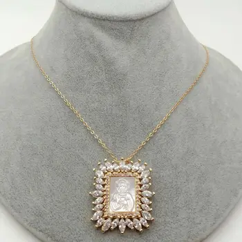 

31x35mm Jesus Shell Pendant mother Of pearl Cz pave Rectangle Pendant Necklace