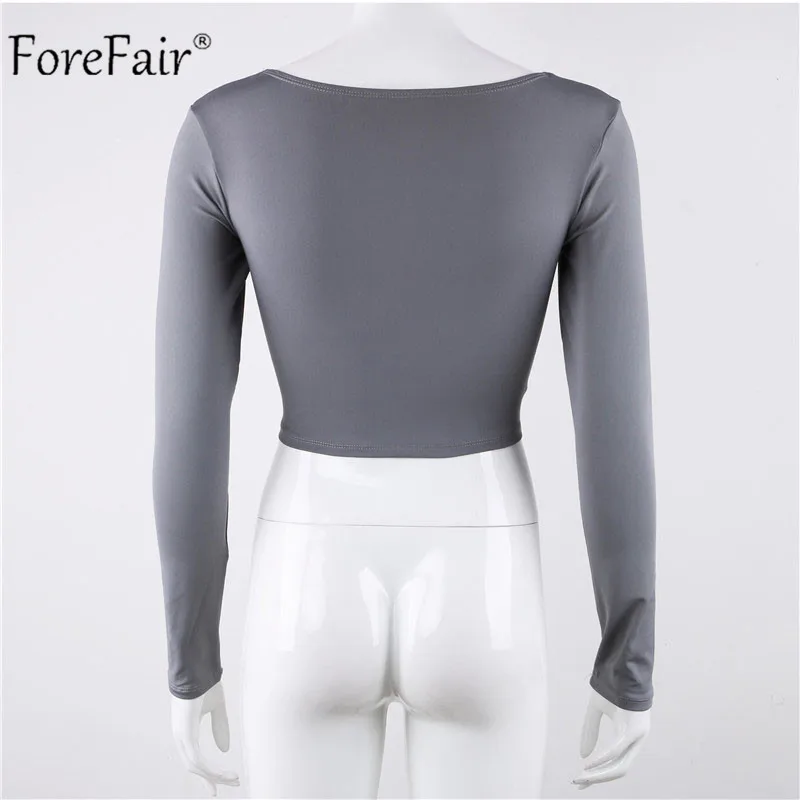 Forefair V Neck Sexy Long Sleeve Crop Tops Women Autumn 2018 Ruched Lace Up Casual Slim Black Winter Shirts Women 2018