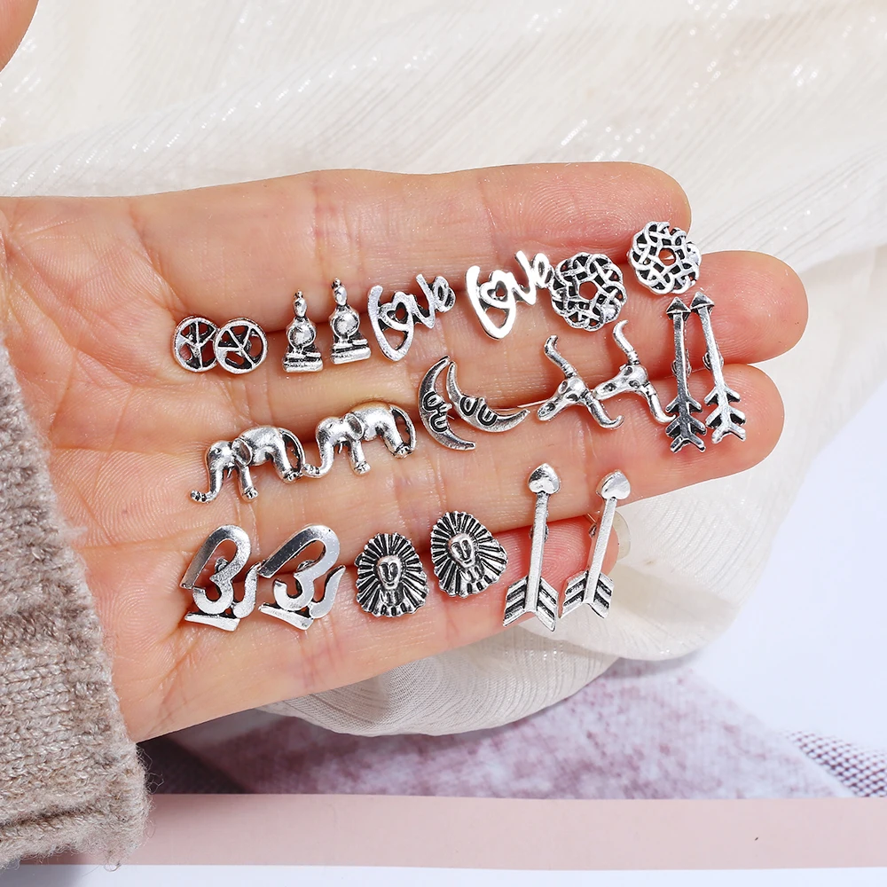 

XIYANIKE 11 Pairs/Set Fashion Elephant Moon Heart Love Buddha Tauren Arrow Stud Earrings for Women Silver Boho Jewelry E396