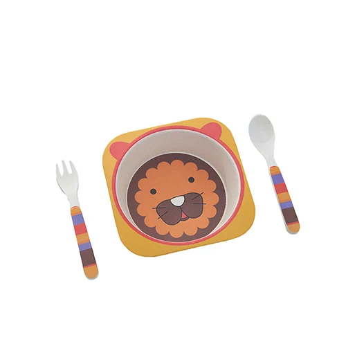 Бамбуковая посуда детская посуда набор 3 шт./компл. чаша ложка Вилка с рисунком мультяшных животных для детей от двух до восьми лет, блюдо Еда контейнер для малышей милые посуда - Цвет: lion