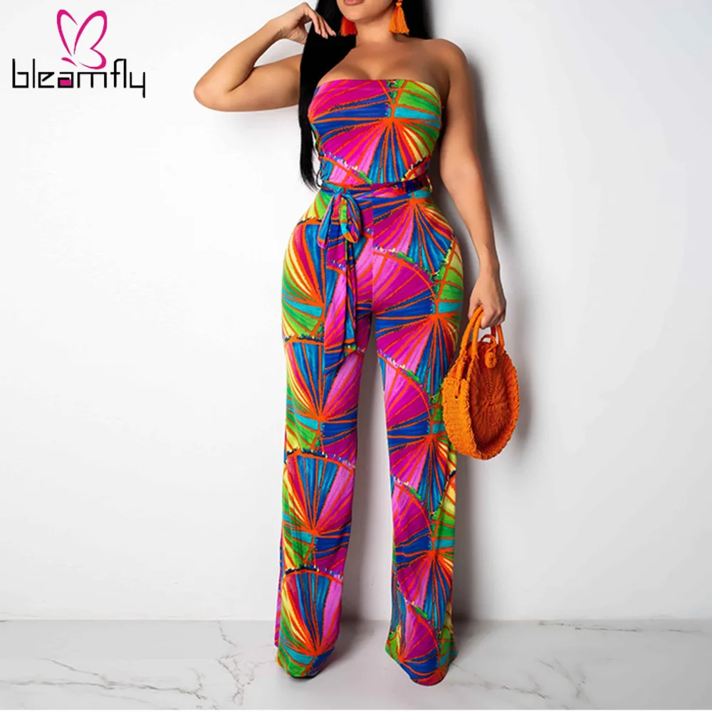 

Sexy Printed Vintage Jumpsuits Women Strapless Sleeveless Wide Leg Boho Long Playsuit Summer Off Shoulder Beach Vacation Overall