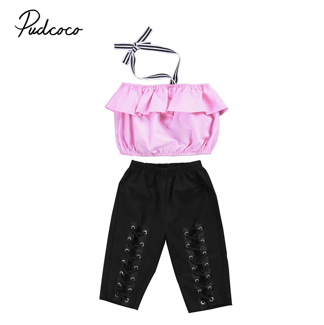 2Pcs/SET Kids Toddler Child Girl Halter Crop Tops lace Up Leggings