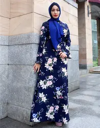 Женское мусульманское платье темно синие с цветочным принтом абайя платье круглым вырезом расклешенными рукавами плюс размеры XXL Длинные