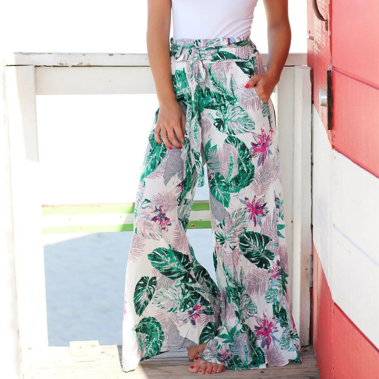 Fashion Summer Women Green Palm Leaf Print Pants Causal Bohemian High Waist Beach Wide Leg Trousers Loose Lace Up Yoga Pants Fashion Summer Women Green Palm Leaf Print Pants Causal Bohemian High Waist Beach Wide Leg Trousers Loose Lace Up Yoga Pants
