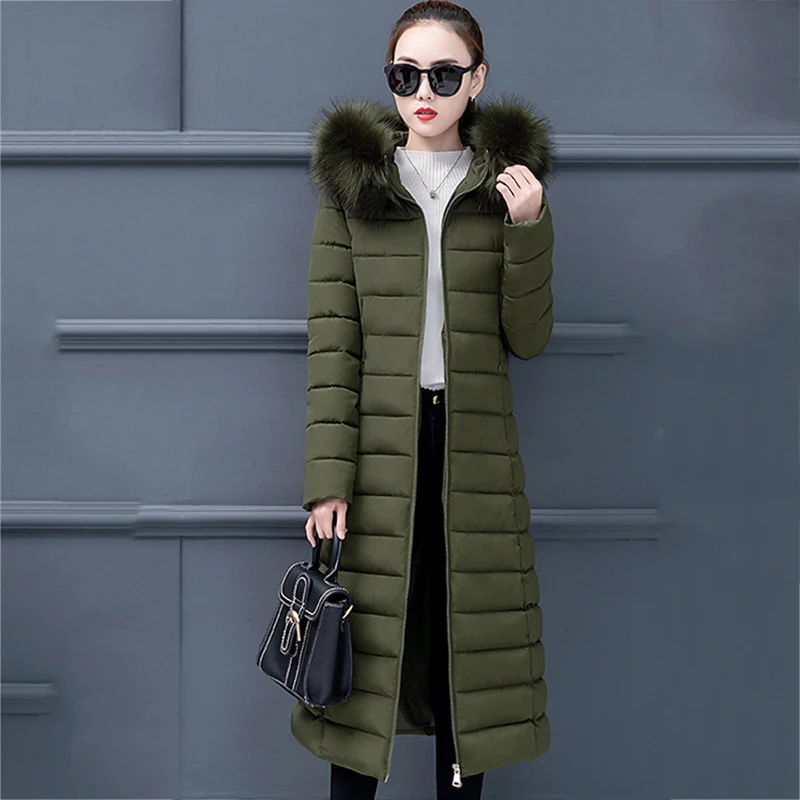 Высококачественная женская зимняя куртка с капюшоном и меховым воротником, длинное женское пальто, теплая плотная Женская парка