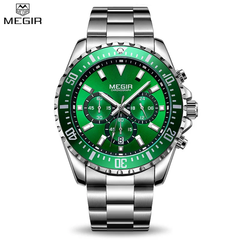 Megir Men's Green Dial Stainless Steel Quartz Watches Business Chronograph Analgue Man Wristwatch Waterproof Luminous Male Clock - Цвет: Зеленый