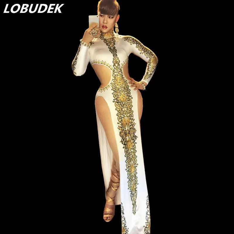 Платье в европейском стиле с принтом и высоким разрезом костюмы для ночного