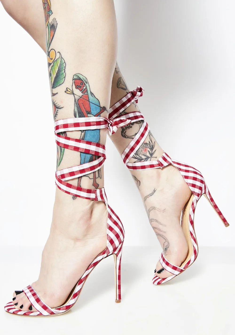 

Summer New Fashion Grid Cotton Fabric Straps Women Lace Up Sandals Sexy Open Toe Ladies Elegant High Heels Ankle Bandage Sandals