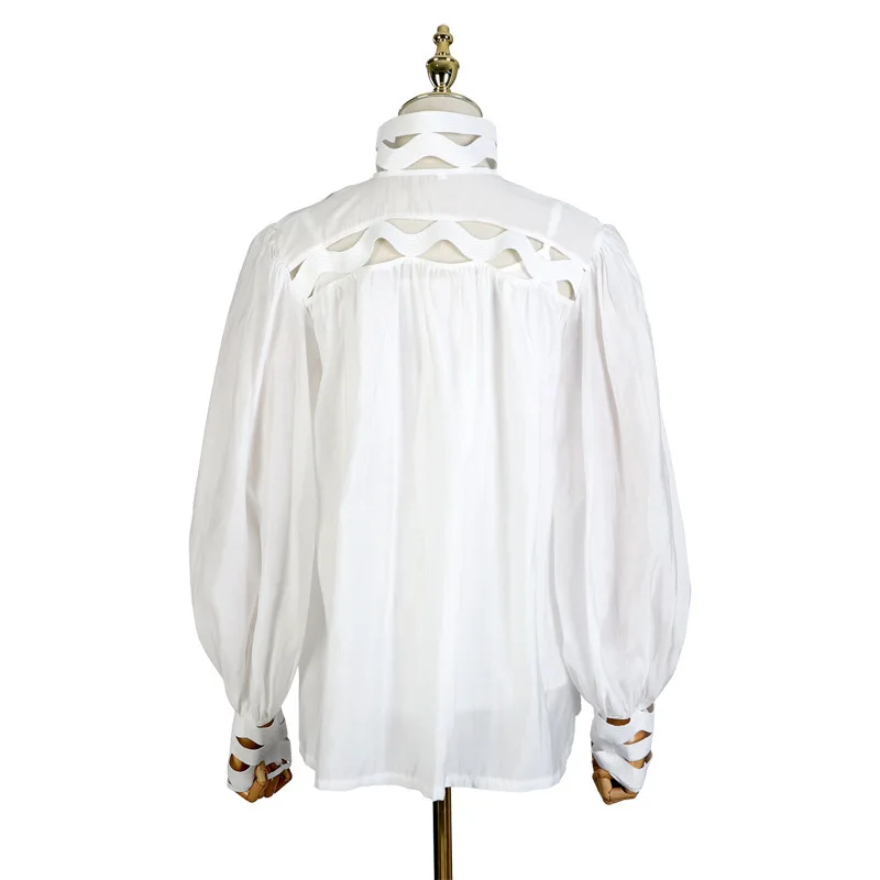 [MENKAY] Осенняя винтажная открытая женская рубашка с длинным рукавом-фонариком, Прозрачные топы, женская блузка, модная одежда из двух частей, новинка