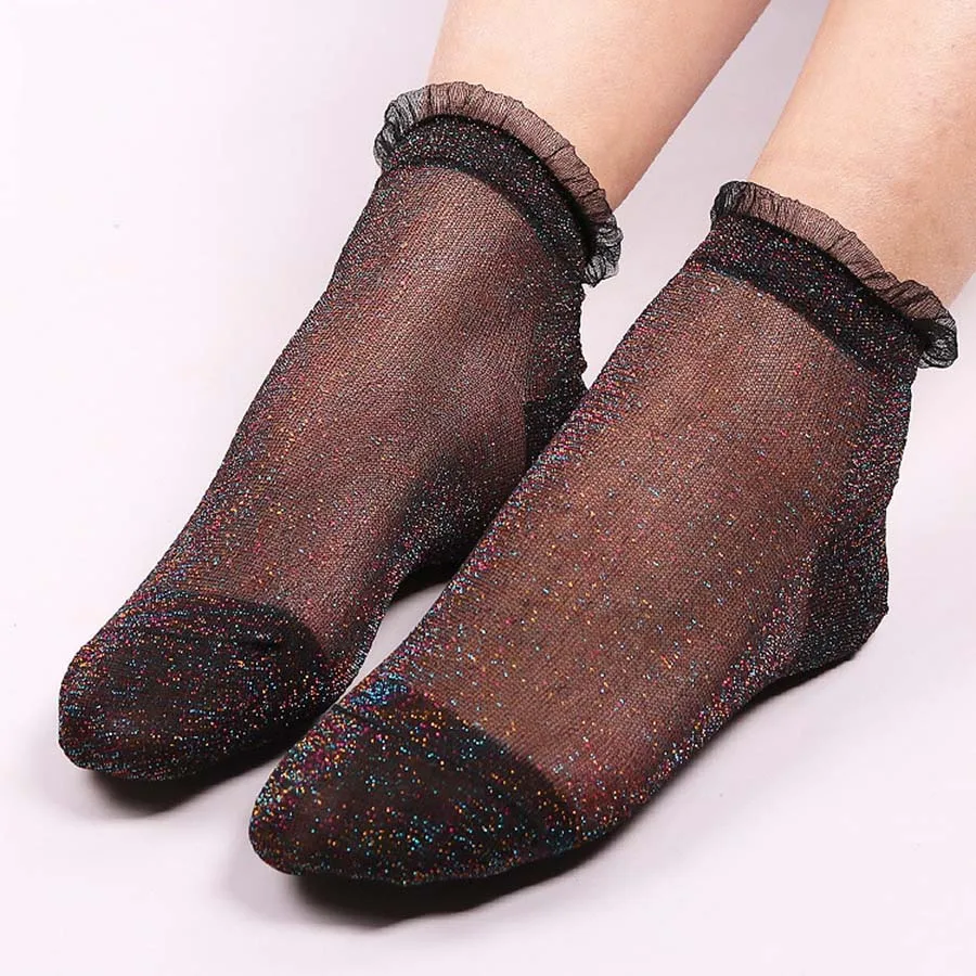 1 пара, женские ультратонкие прозрачные цветные блестящие шелковые кружевные носки с кристаллами, блестящие мягкие женские забавные носки Harajuku, эластичные Чулочные изделия