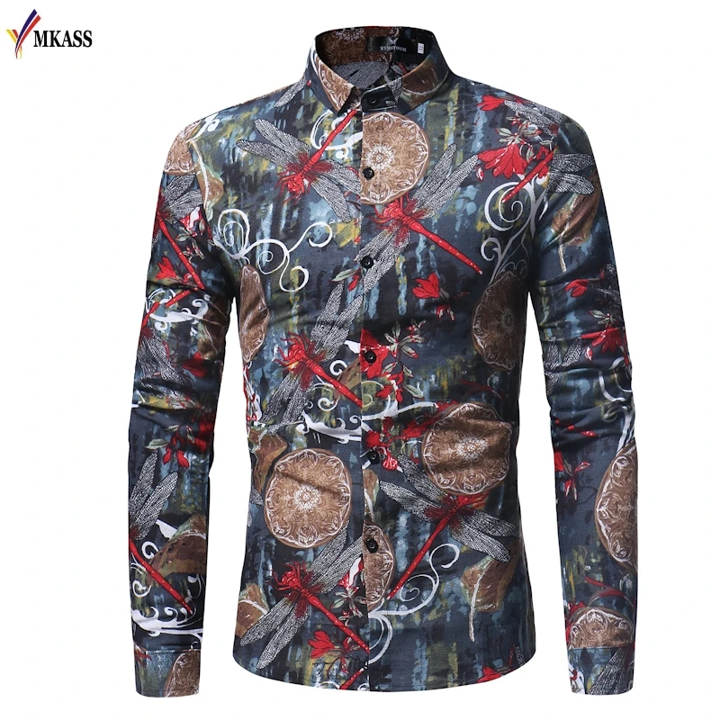 Hot New Fashion Brand Mens Dress Shirts Printed Animal Slim Long Sleeve Shirts for Men Chemise Homme Casual Camisas Hombre 3XL