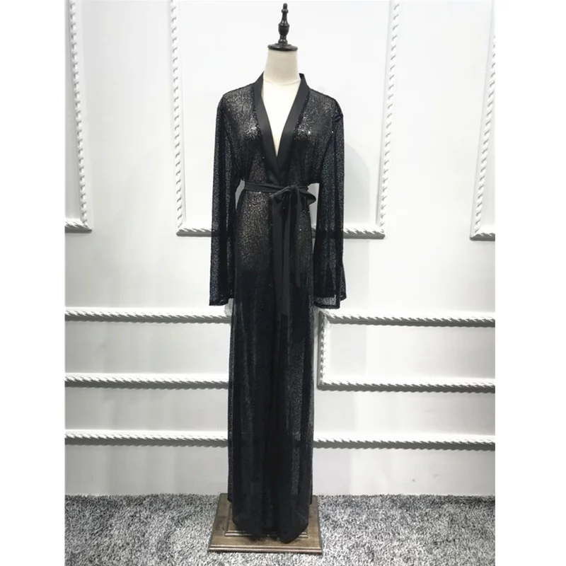 Абайя с блестками Роскошная Исламская одежда для женщин скромная одежда турецкое пальто марокканский кафтан кимоно с поясом мусульманская одежда D215 - Цвет: Черный