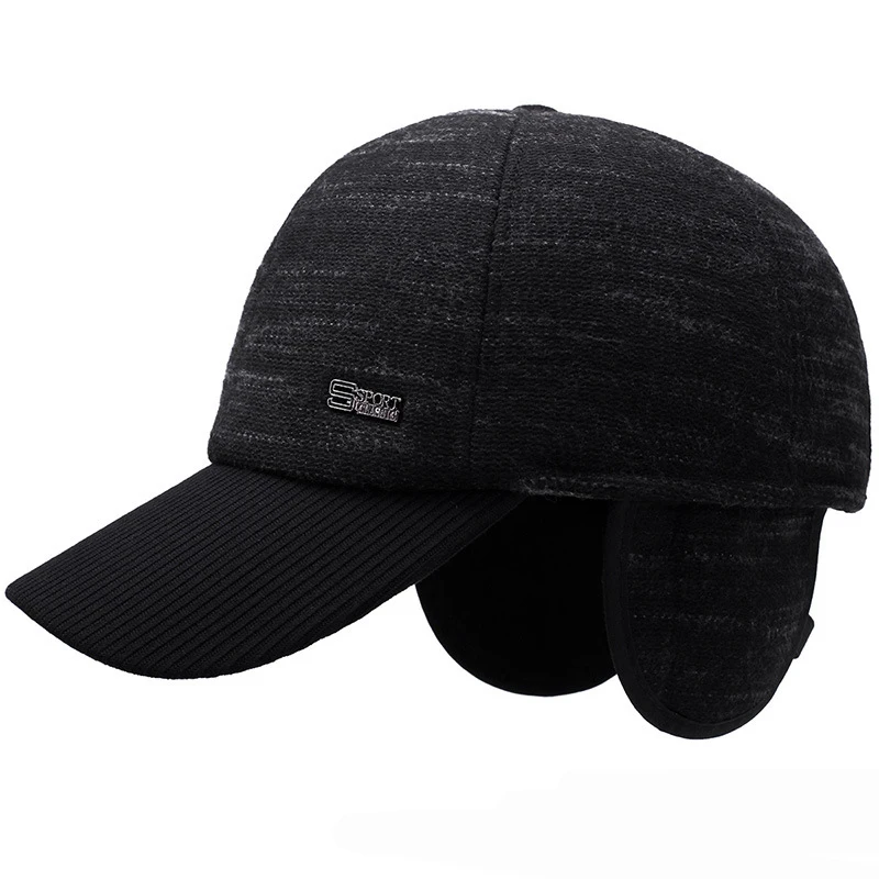 HT2005 Men Winter Baseball Caps Warm Earflap Dad Hats Male Wool Felt