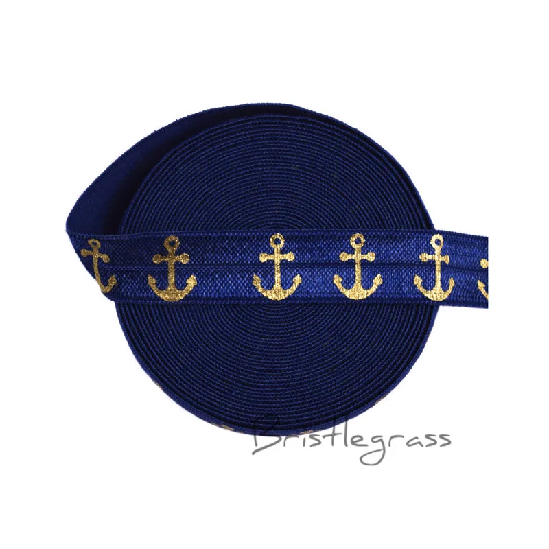 

BRISTLEGRASS 5 Yard 5/8" 1.5cm Gold Anchor Foil Print FOE Navy Fold Over Elastics Satin Band Trim Headband Hair Tie Dress Sewing