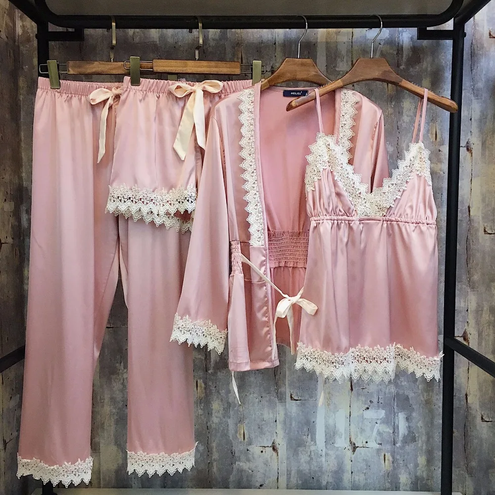 Spring New Satin Silk Pajamas Women Lace vogue Sexy Lingerie Sets Lace up Ladies Sleepwear