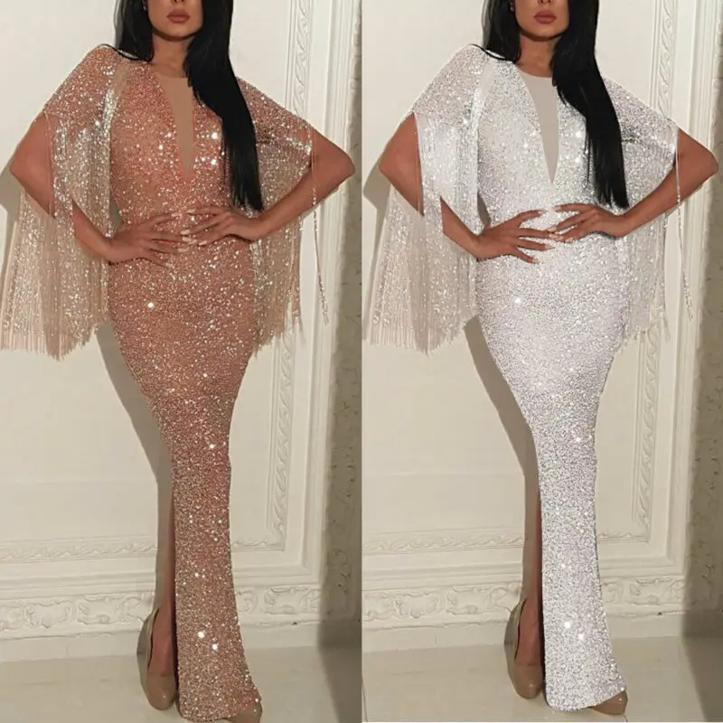 

Women Dress Elegant Wedding Bridesmaid Tassel Sequin Formal Long Bodycon Maxi Dresses Vestidos Autumn Dress