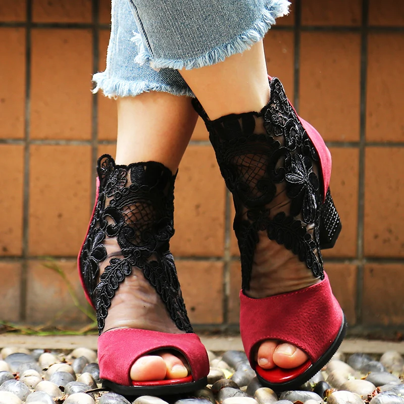 

1pair Mesh Coarse Heels Lace Spring And Summer With Super Fine Waterproof Taiwan Shallow Mouth Shoes Casual Fish Mouth Shoes