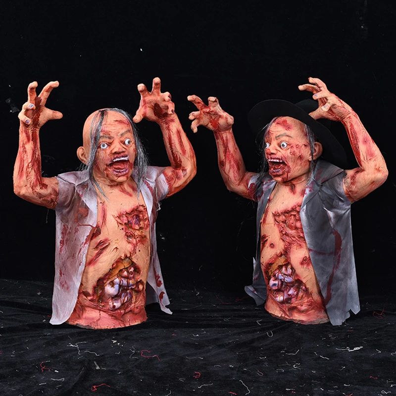 

Halloween Horror Props Scare Bloody Man Horrifying Face Bloody Hand Half Body Broken Dry Corpse Room Escape Scare Decoration